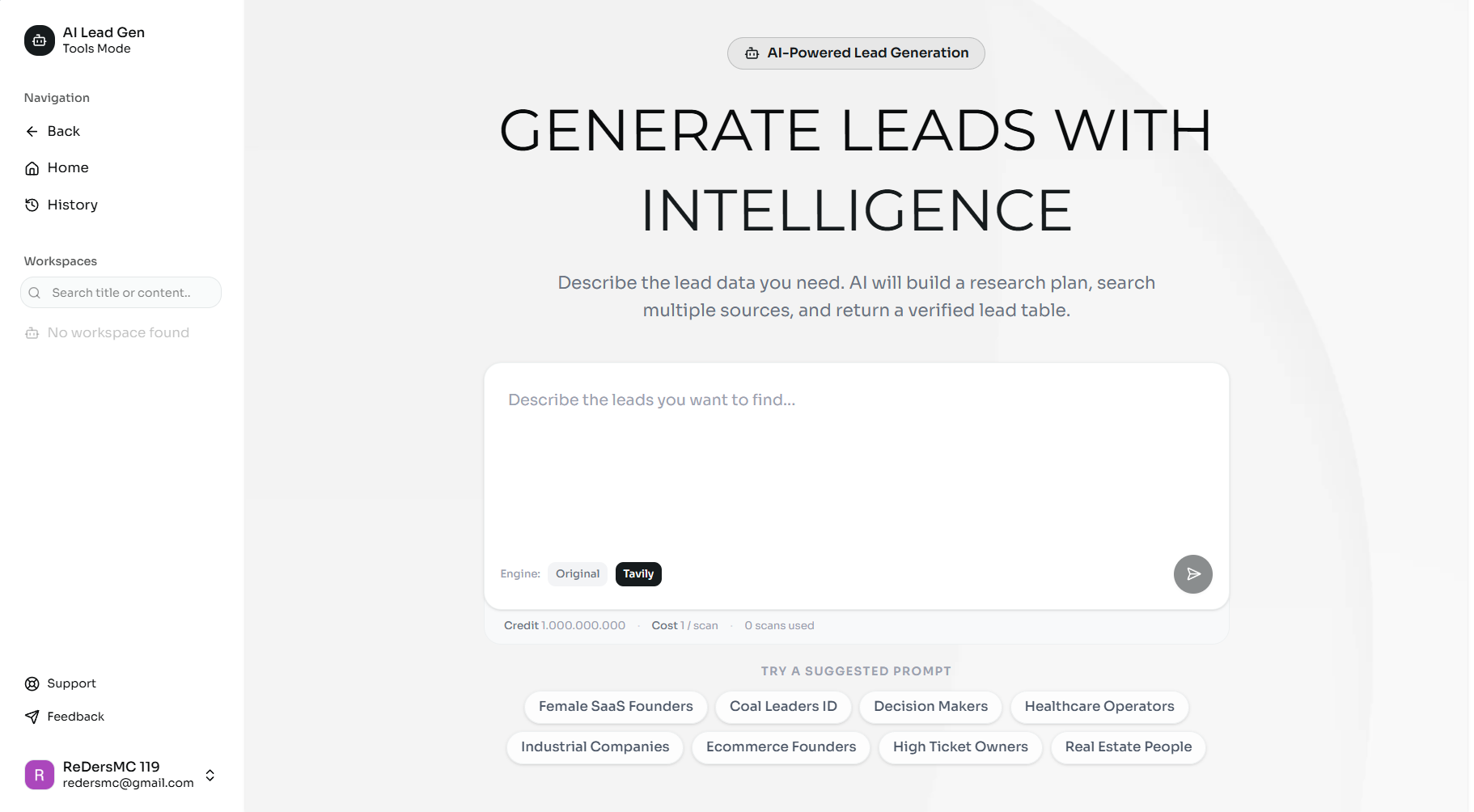 LEADGEN dashboard with prompt box and suggested lead searches