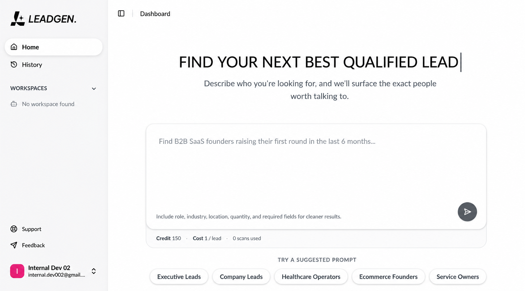 LEADGEN dashboard with prompt box and suggested lead searches